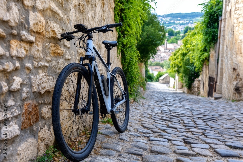 Fototapeta premium A bicycle leaning against the stone wall of a narrow alley in Avignon, the lavender fields visible in the distance