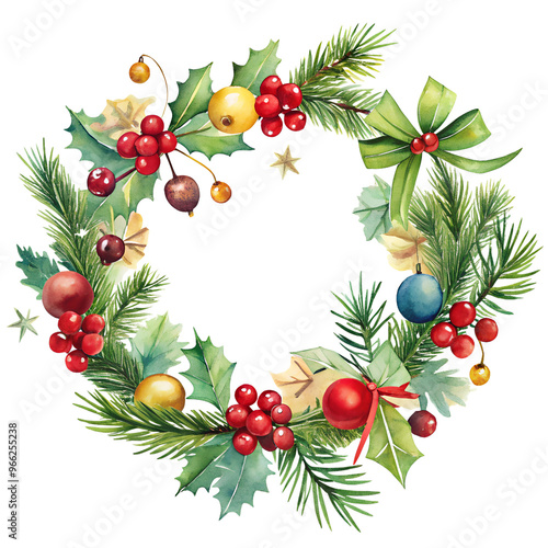 Christmas wreath with holly, pine, and colorful ornaments illustration