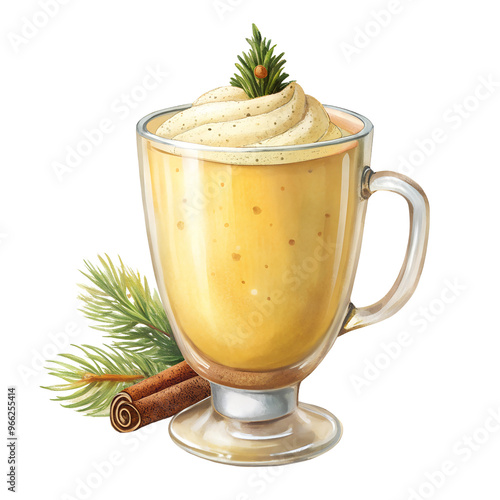 Festive eggnog illustration in a glass with cinnamon sticks and pine sprigs
