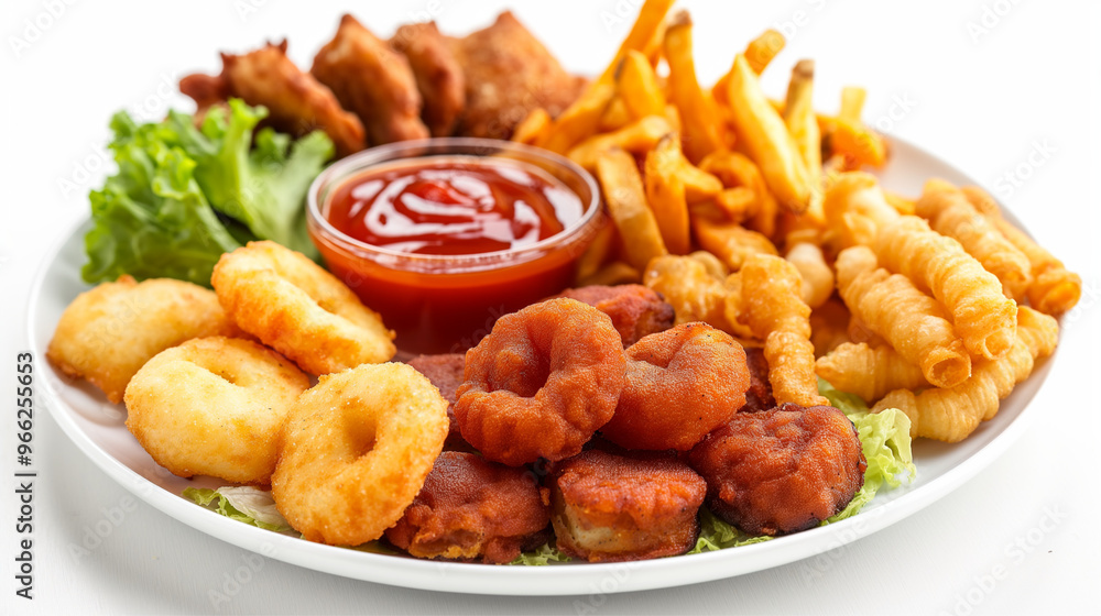 A mixed platter of various fried snacks including fries, rings, and chicken pieces, arranged around a central bowl of ketchup, perfect for snacking and sharing. A mixed platter of various fried snacks including fries, rings, and chicken pieces, arranged around a central bowl of ketchup, perfect for snacking and sharing.