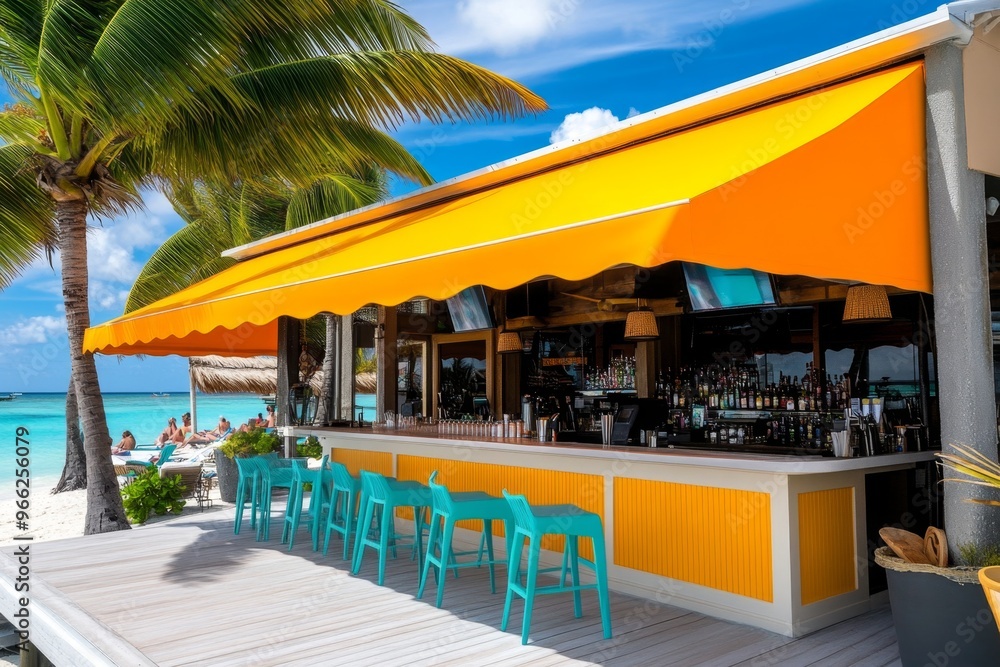Fototapeta premium A bright orange awning at a juice bar, offering a tropical feel with palm trees and beach chairs underneath