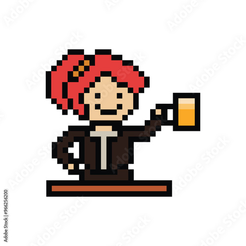 Cute pixel cartoon 8bit character woman drink beer alcohol party hangout lifestyle decoration life style 8 bit female girl drinking beer isolated png vector.