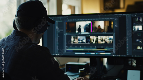 Video editor working on a project timeline with multiple video clips on a computer screen photo