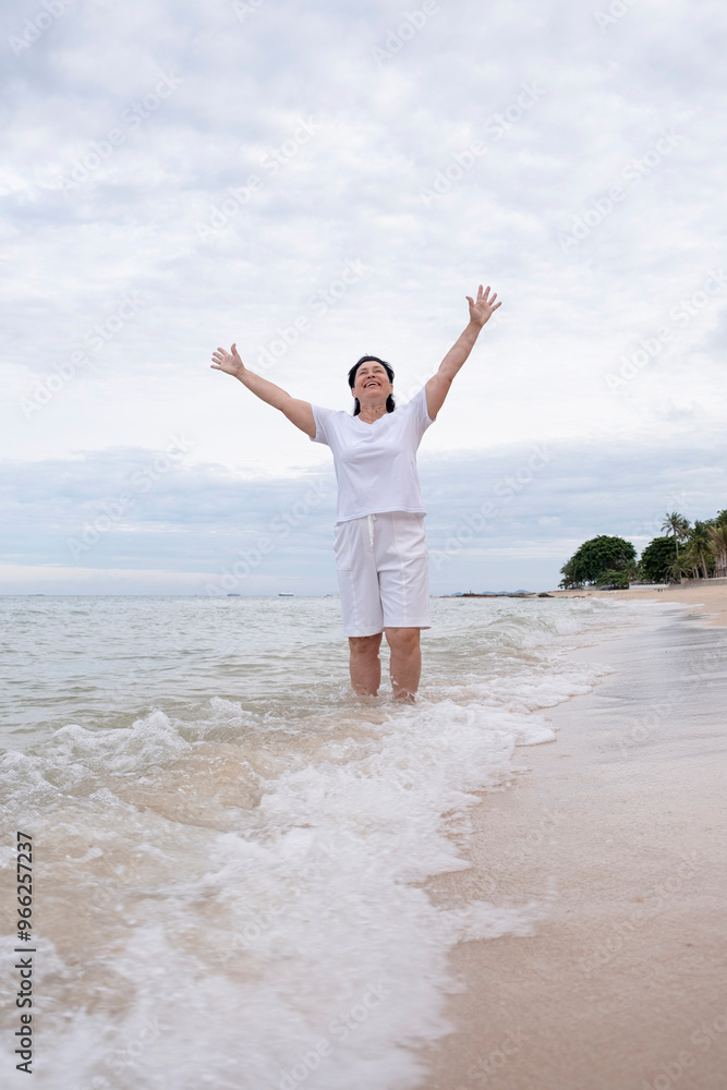 Happy mature woman with arms outstretched feeling the breeze at beach, feeling happy Happy mature woman with arms outstretched feeling the breeze at beach, feeling happy