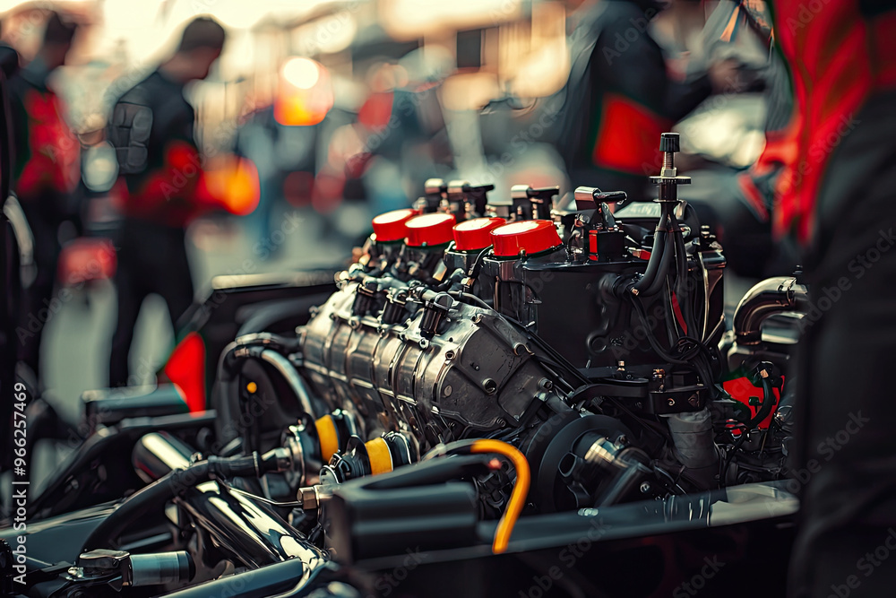 A racing engine being prepared for competition, showcasing intricate details and vibrant colors. atmosphere is filled with excitement and anticipation as mechanics work diligently A racing engine being prepared for competition, showcasing intricate details and vibrant colors. atmosphere is filled with excitement and anticipation as mechanics work diligently