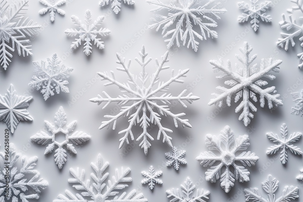 Unique Snowflakes Closeup on White Background Showcasing Intricate Frost Crystals Unique Snowflakes Closeup on White Background Showcasing Intricate Frost Crystals