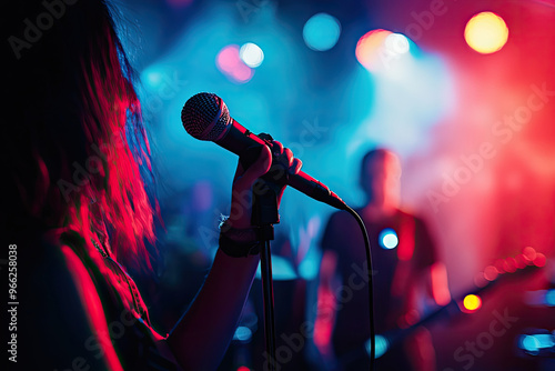 A singer performing live with handheld microphone, surrounded by vibrant stage lights and dynamic atmosphere. energy of performance captivates audience, creating an unforgettable experience