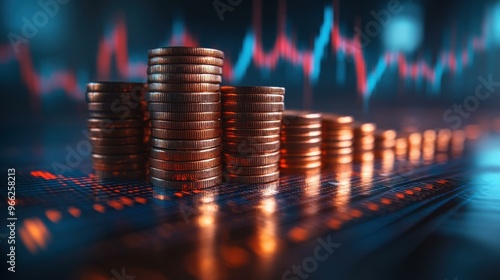 Financial Growth: Coins Stacked on Stock Market Chart