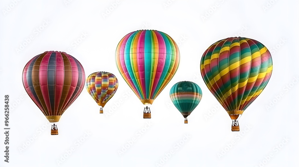 A group of hot air balloons of various shapes and sizes, flying together against a white backdrop. A group of hot air balloons of various shapes and sizes, flying together against a white backdrop.