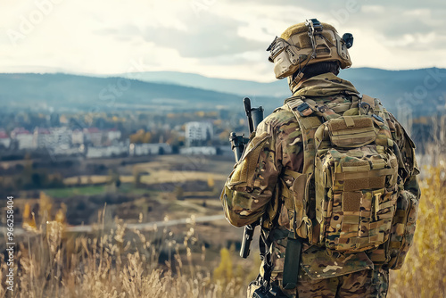 A special forces operator in tactical gear stands vigilant, surveying landscape with determination. scene captures essence of military readiness and focus photo