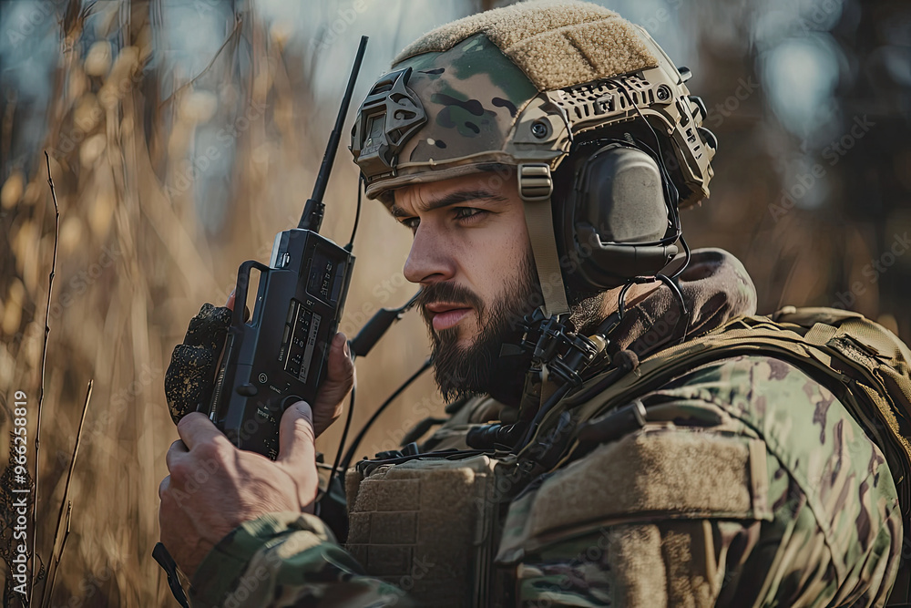 Fototapeta premium A special forces operator using field radio for communication in tactical environment. operator is focused and alert, showcasing intensity of military operations