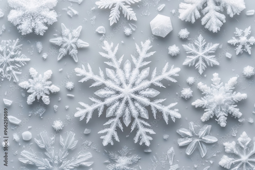Diverse Snowflakes in Icy Patterns on a White Background, Macro Image of Genuine Snow Crystals Diverse Snowflakes in Icy Patterns on a White Background, Macro Image of Genuine Snow Crystals