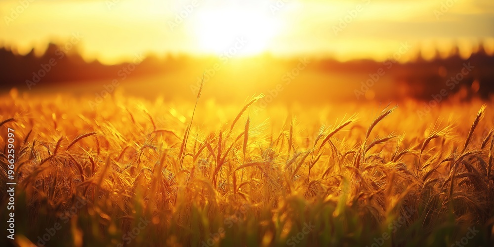 A beautiful close-up of a wheat field illuminated by the golden glow of the setting sun, creating a warm atmosphere. A beautiful close-up of a wheat field illuminated by the golden glow of the setting sun, creating a warm atmosphere.