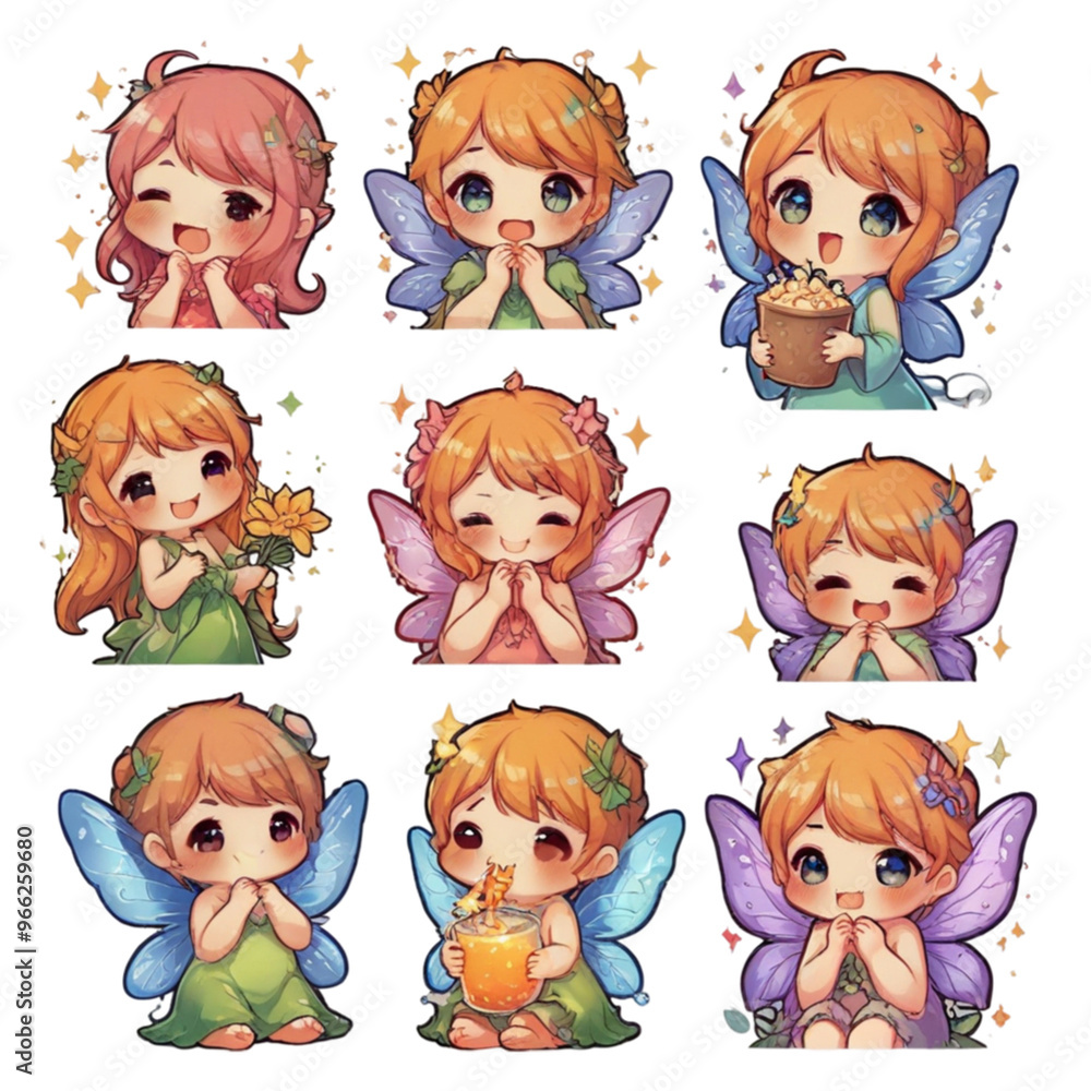 Enchanting fairy with delicate, translucent wings shimmering in soft colors, intricate attire with flowing fabrics and sparkles, surrounded by a magical trail of dust. Ideal for child stickers Enchanting fairy with delicate, translucent wings shimmering in soft colors, intricate attire with flowing fabrics and sparkles, surrounded by a magical trail of dust. Ideal for child stickers