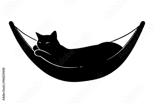 A cat lying in a hammock silhouette black vector art illustration