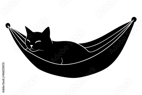 A cat lying in a hammock silhouette black vector art illustration