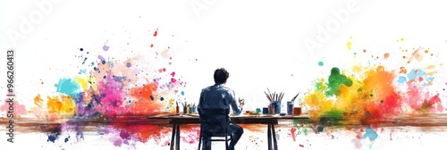 Panel kuchenny z motywem A watercolor illustration of an artist sitting at a desk with a blank canvas, surrounded by colorful paint splatters. The image symbolizes creativity, imagination, artistic expression, and the pursuit