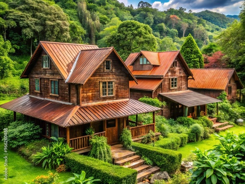 Rustic rural homes with weathered brown metal roofs surrounded by lush greenery, capturing the serene essence of