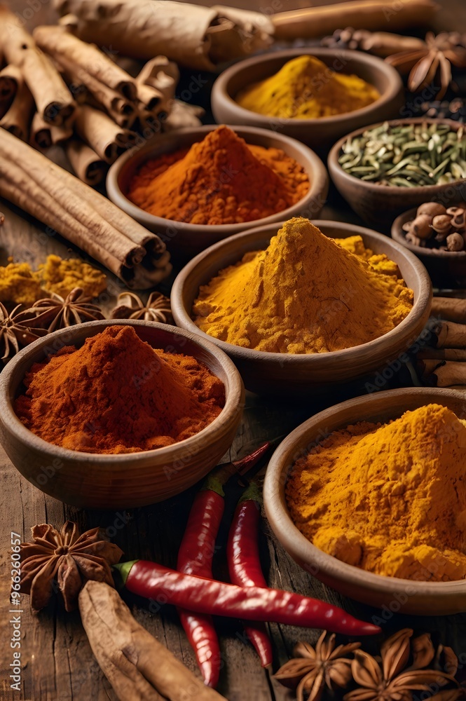 A eye catching spices and herbs isolated in wooden plate on wooden background. A eye catching spices and herbs isolated in wooden plate on wooden background.