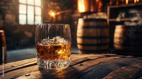 A glass of aged oak-aged scotch whiskey. Small barrel and copper alambic in the backdrop. Conventional idea for an alcohol distillery photo