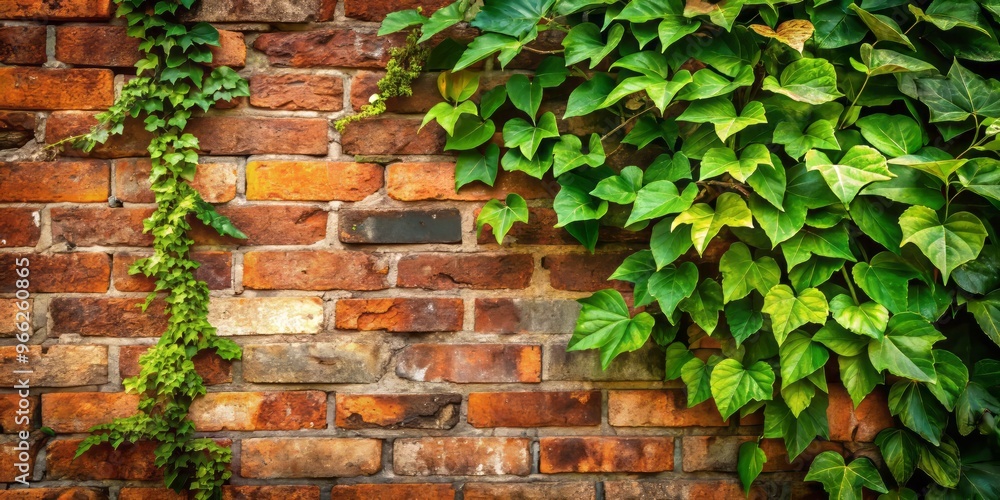 Rustic, weathered corner of a brick wall with faded mortar, cracked bricks, and ivy tendrils crawling up, surrounded Rustic, weathered corner of a brick wall with faded mortar, cracked bricks, and ivy tendrils crawling up, surrounded