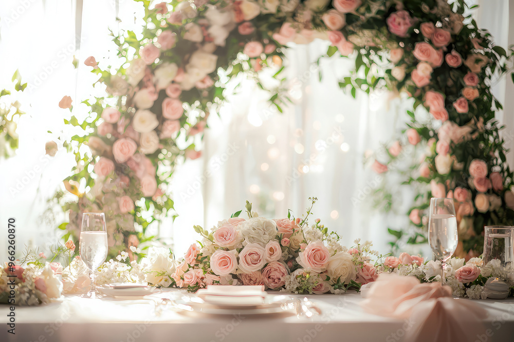 A beautiful wedding reception featuring stunning floral arch adorned with soft pink and white roses, creating romantic atmosphere. elegant table setting enhances overall charm of event A beautiful wedding reception featuring stunning floral arch adorned with soft pink and white roses, creating romantic atmosphere. elegant table setting enhances overall charm of event