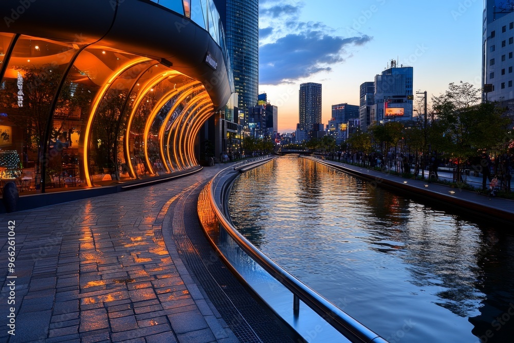 Fototapeta premium A futuristic view of Osakaâ€™s Nakanoshima District, where modern glass buildings rise above the river, reflecting both light and city life