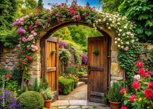 Rustic Wooden Garden Doorway With A Charming Archway, Surrounded By Lush Greenery And Vibrant Flowers, Creating A