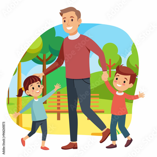 Dad with son and daughter in the park. Concept art for Father's Day. Flat vector illustration in cartoon style.