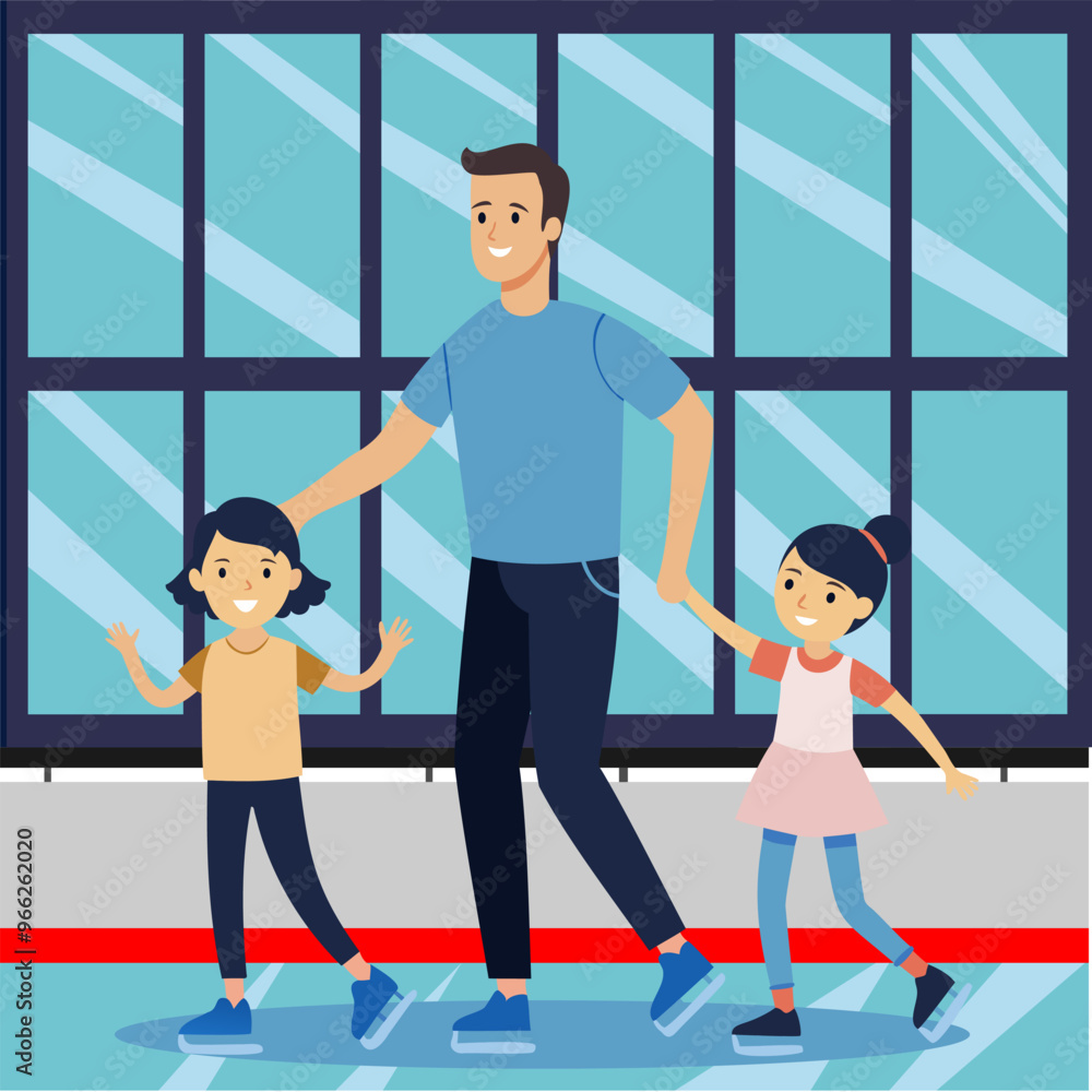 Dad skates with his daughter and son at the skating rink. Concept art for Father's Day. Flat vector illustration in cartoon style. Dad skates with his daughter and son at the skating rink. Concept art for Father's Day. Flat vector illustration in cartoon style.
