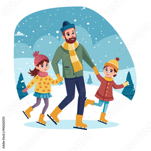 Father skates with his daughters. Concept art for Father's Day. Flat vector illustration in cartoon style.