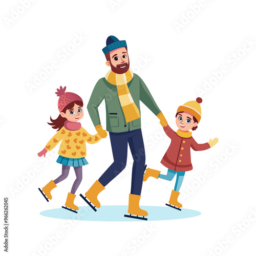 Father skates with his daughters. Concept art for Father's Day. Flat vector illustration in cartoon style.