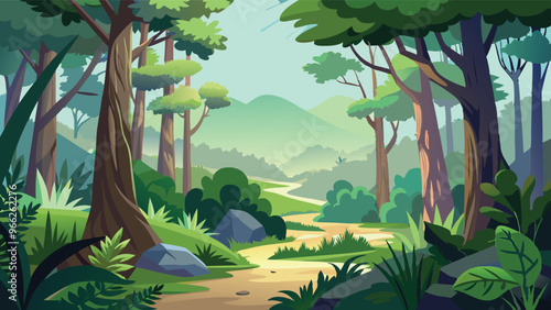 tranquil forest scene with trees and foliage, creating serene and nature-inspired backgrounds vector art illustration