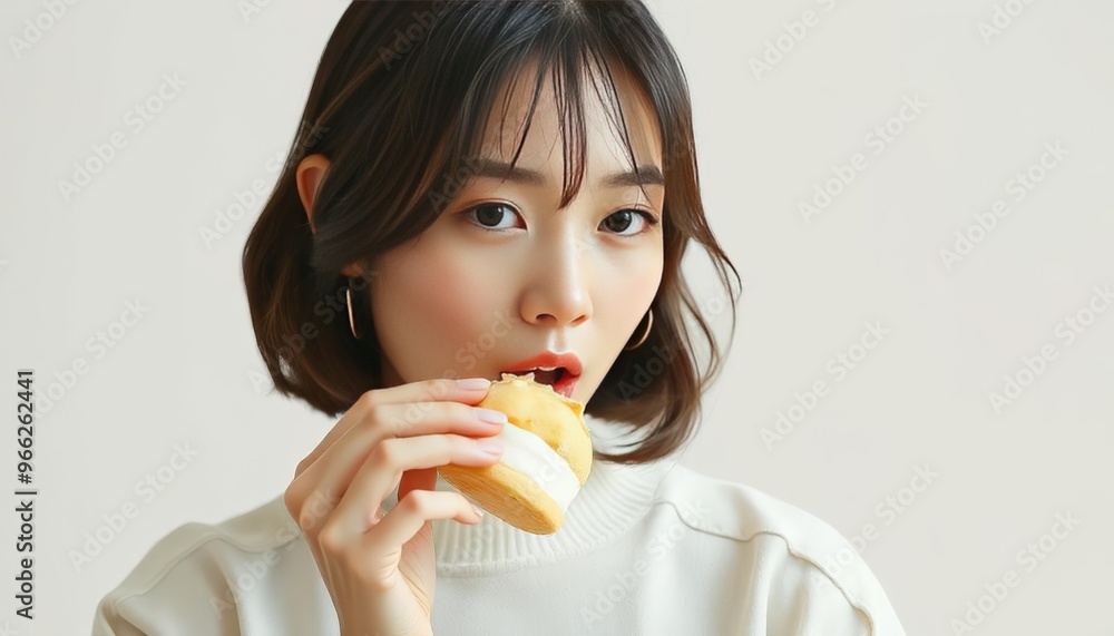A ASIA WOMAN EATING A Cream Puff WITH A WHITE BACKGROUND A ASIA WOMAN EATING A Cream Puff WITH A WHITE BACKGROUND