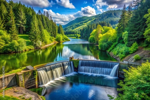 Scenic view of Metaline Falls, Washington, USA, featuring a serene lake surrounded by lush greenery, with a metal photo