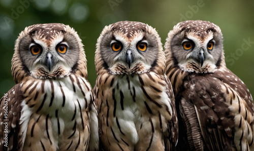 Three owls stare intently at the camera, their large, bright eyes piercing the lens