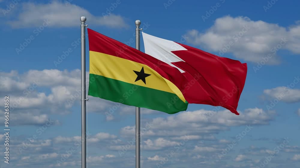 Bahrain and Ghana flags flying together, video concept of the relationship, two country relations concept Bahrain and Ghana flags flying together, video concept of the relationship, two country relations concept