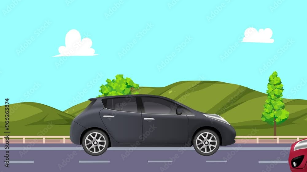 Realistic Car Running In The Road With Hills And Trees Background Realistic Car Running In The Road With Hills And Trees Background