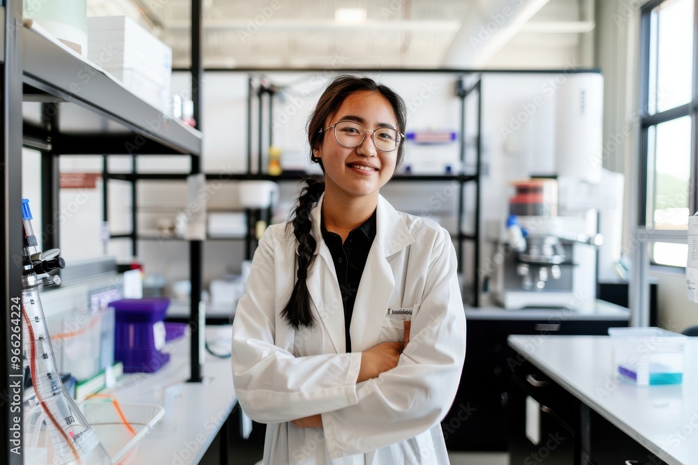 Asian young woman student in college science laboratory. Asian young adult woman student in college science laboratory. She is learning how to use special laboratory equipment. She is wearing lab coat Asian young woman student in college science laboratory. Asian young adult woman student in college science laboratory. She is learning how to use special laboratory equipment. She is wearing lab coat