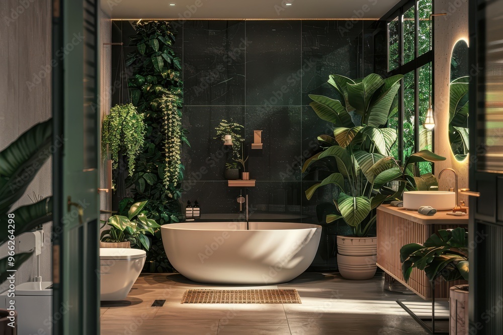 Computer generated image of interior of bathroom in 3d with houseplant Computer generated image of a domestic bathroom interior with toilet and bathtub. Interior of the bathroom in 3d with houseplants Computer generated image of interior of bathroom in 3d with houseplant Computer generated image of a domestic bathroom interior with toilet and bathtub. Interior of the bathroom in 3d with houseplants