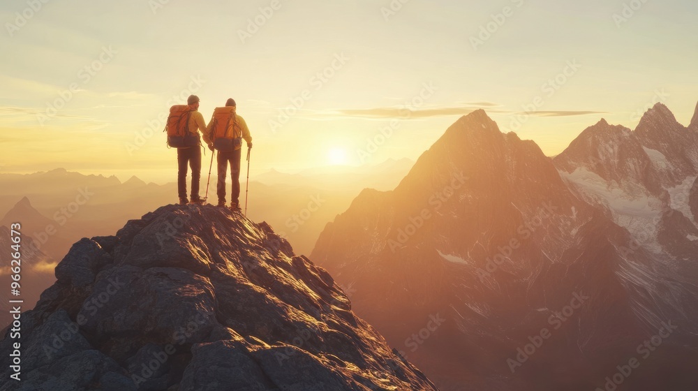 Fototapeta premium Two hikers stand on mountain at sunrise in backpack