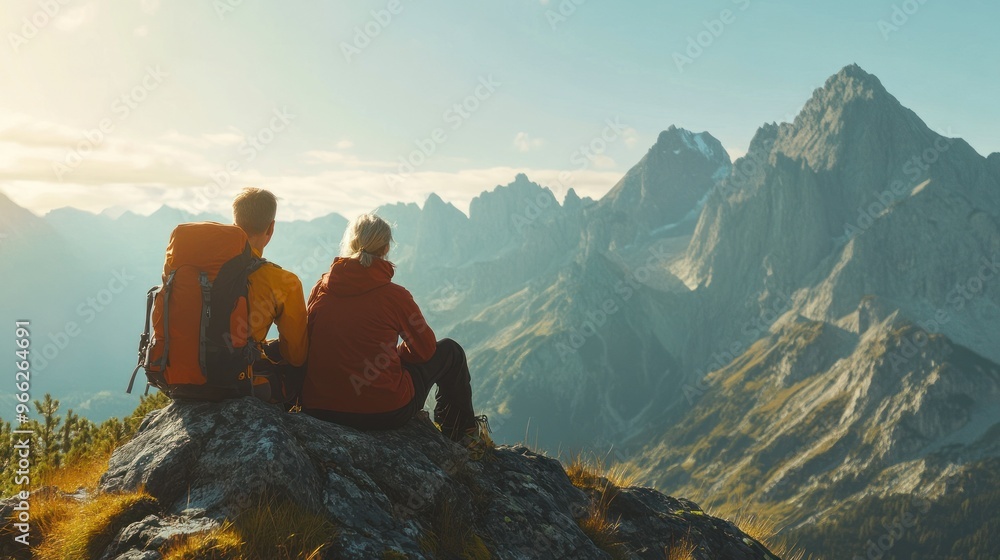Fototapeta premium Two hikers resting on a mountain overlooking peaks