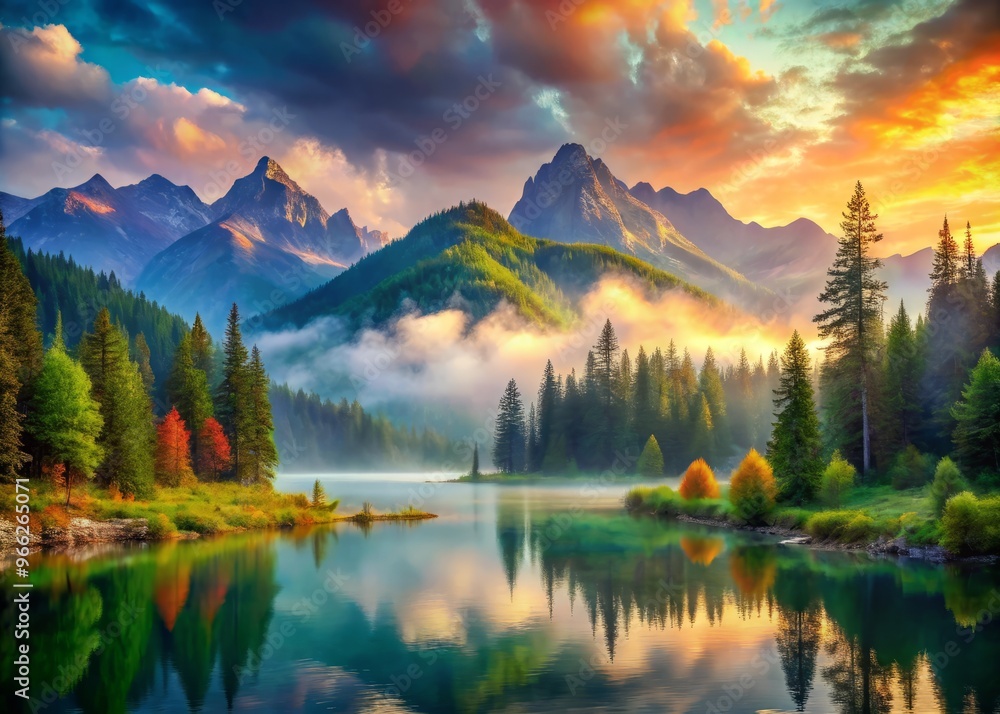 Serene landscape of misty mountains, verdant forests, and tranquil lakes, captured in vibrant brushstrokes and warm Serene landscape of misty mountains, verdant forests, and tranquil lakes, captured in vibrant brushstrokes and warm
