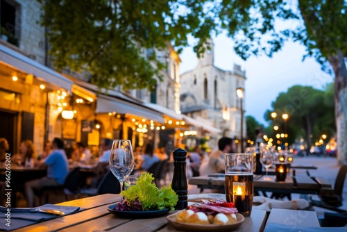 A lively outdoor cafÃ© in Avignon, filled with laughter and conversation as locals and tourists enjoy the ProvenÃ§al cuisine photo