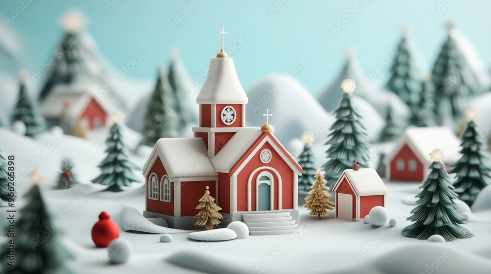 The village features a red church among snowy trees and cozy homes, creating a winter wonderland The village features a red church among snowy trees and cozy homes, creating a winter wonderland