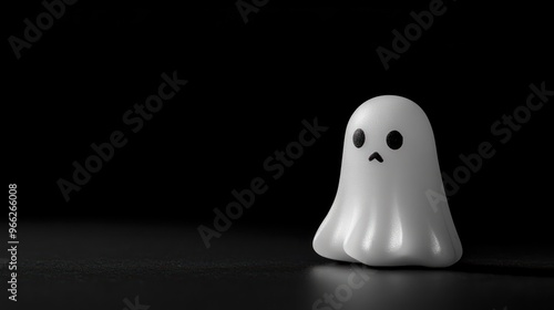 A small, cute ghost figurine sits alone in a dark setting, evoking a playful, spooky vibe.