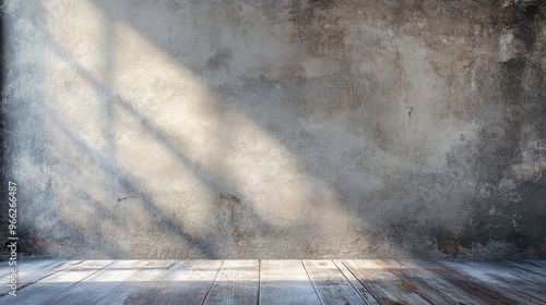 A distressed concrete wall with a wooden floor in front. A beam of light shines through a window, casting shadows on the wall. This image evokes feelings of nostalgia, simplicity, and rustic charm.