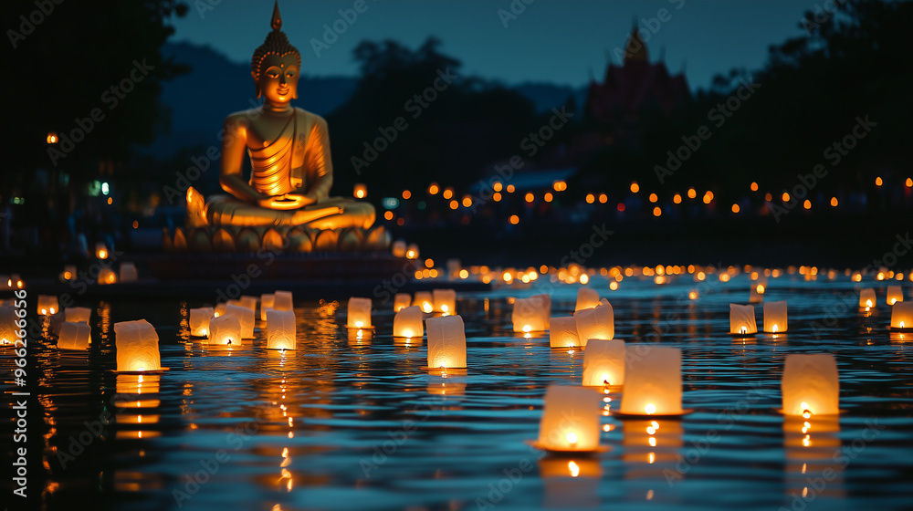 Glowing lanterns float on water during a night festival, with a golden Buddha statue in the background, creating a serene and spiritual ambiance. Glowing lanterns float on water during a night festival, with a golden Buddha statue in the background, creating a serene and spiritual ambiance.