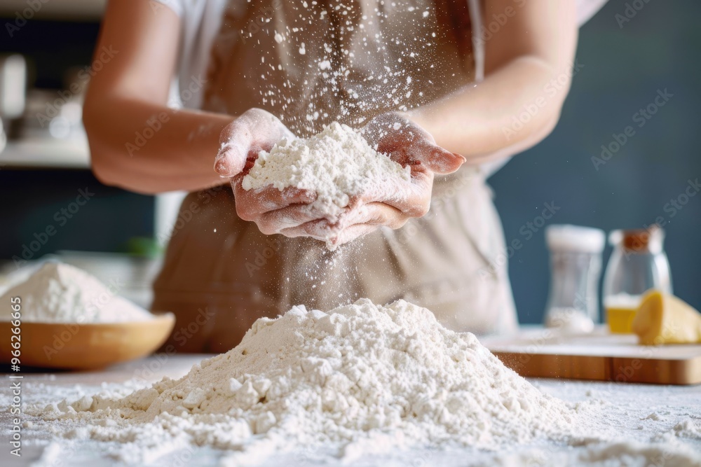 Anonymous Woman Adding and Preparing Flour for Kneading Cropped photo of an anonymous woman's hands sprinkling flour on the flour pile before kneading it. Anonymous Woman Adding and Preparing Flour for Kneading Cropped photo of an anonymous woman's hands sprinkling flour on the flour pile before kneading it.