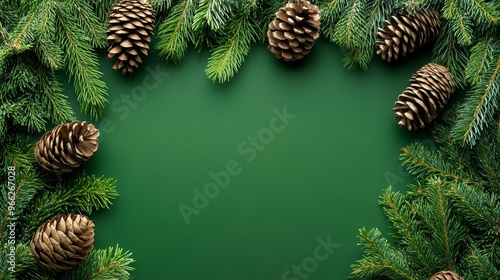 A festive Christmas background featuring a green backdrop adorned with lush spruce branches and scattered pine cones photo